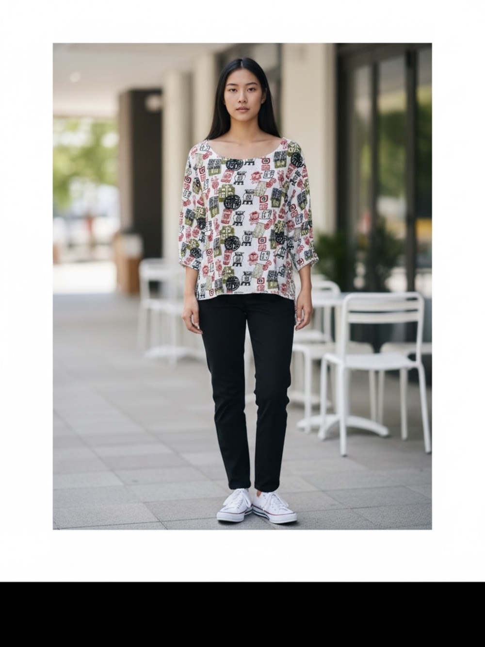 Cupcake International Graphic Asian Design Print Tunic Top XL Brushed Cotton